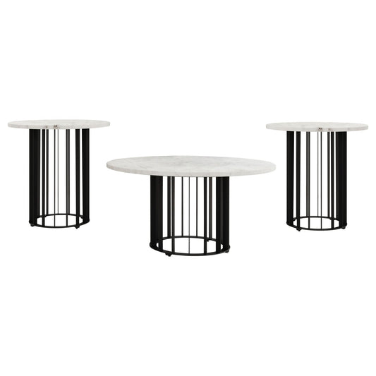 Haven 3 - piece Round Marble Coffee and End Table Set Black - Walo Furniture