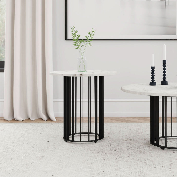 Haven Round Genuine White Marble Top End Side Table Black - Walo Furniture