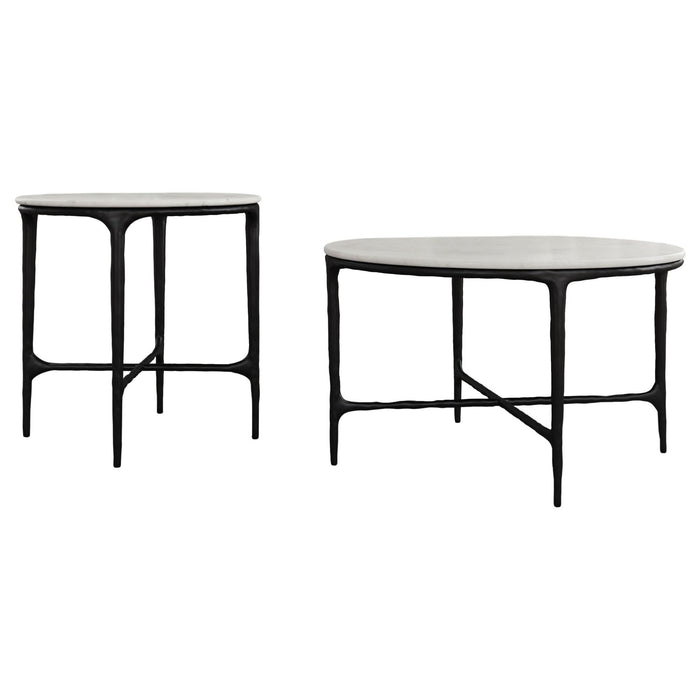 Hermas 2 - piece Round Marble Coffee and End Table Set White - Walo Furniture