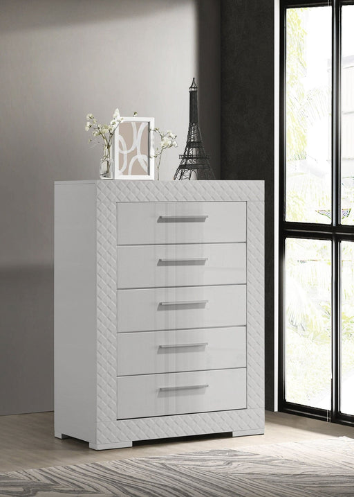 Ives 5 - drawer Bedroom Chest of Drawers White High Gloss - Walo Furniture