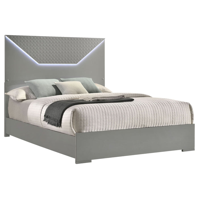 Ives Eastern King Panel Bed LED Headboard Grey High Gloss - Walo Furniture