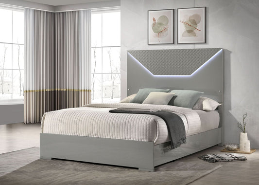 Ives Eastern King Panel Bed LED Headboard Grey High Gloss - Walo Furniture