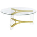 Janessa Round Glass Top Acrylic Leg Coffee Table Matte Brass - Walo Furniture