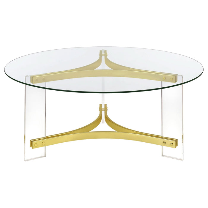 Janessa Round Glass Top Acrylic Leg Coffee Table Matte Brass - Walo Furniture