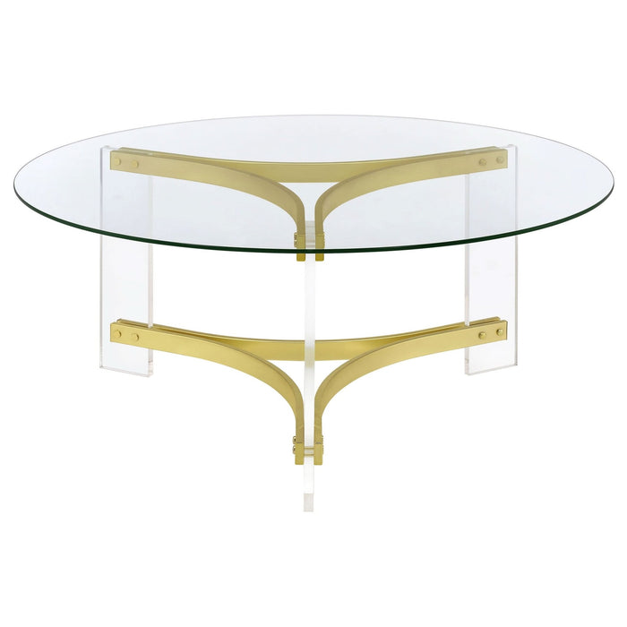 Janessa Round Glass Top Acrylic Leg Coffee Table Matte Brass - Walo Furniture