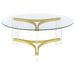 Janessa Round Glass Top Acrylic Leg Coffee Table Matte Brass - Walo Furniture