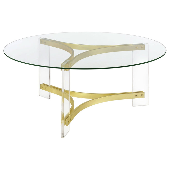 Janessa Round Glass Top Acrylic Leg Coffee Table Matte Brass - Walo Furniture