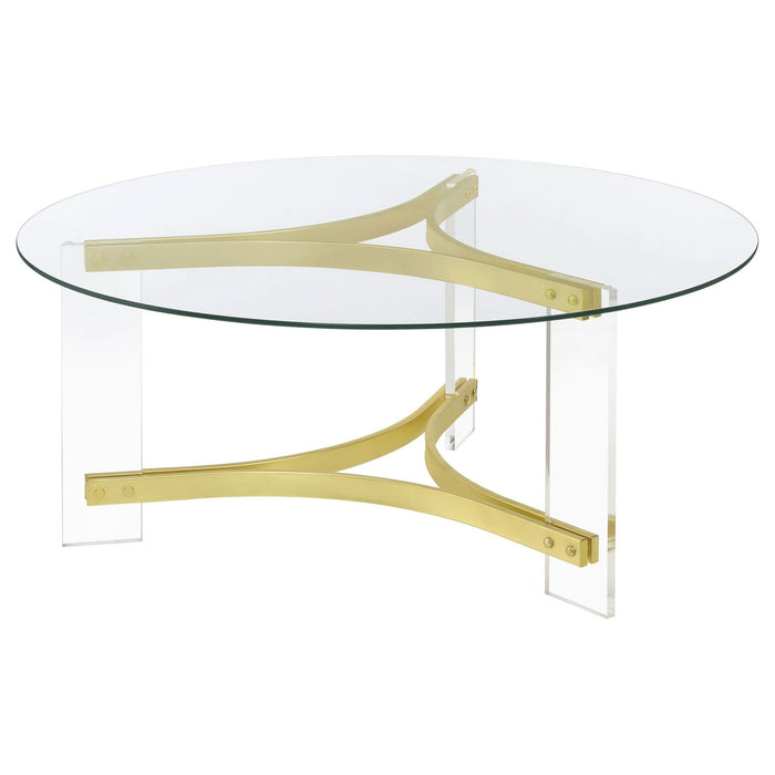 Janessa Round Glass Top Acrylic Leg Coffee Table Matte Brass - Walo Furniture