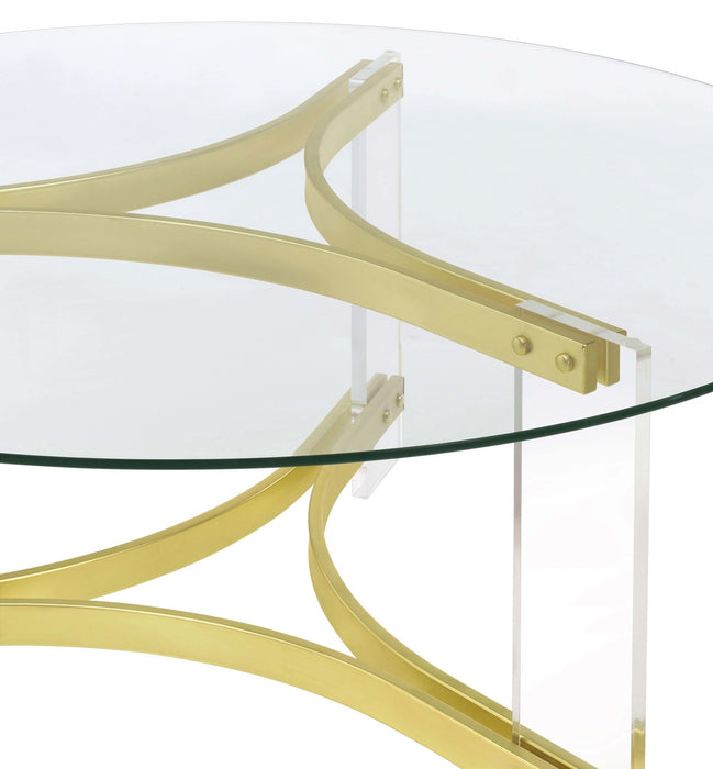 Janessa Round Glass Top Acrylic Leg Coffee Table Matte Brass - Walo Furniture