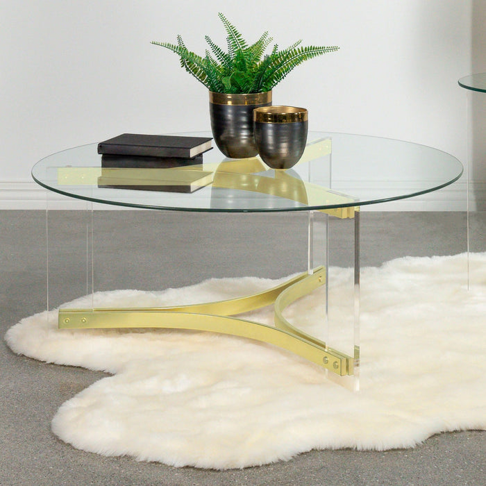 Janessa Round Glass Top Acrylic Leg Coffee Table Matte Brass - Walo Furniture