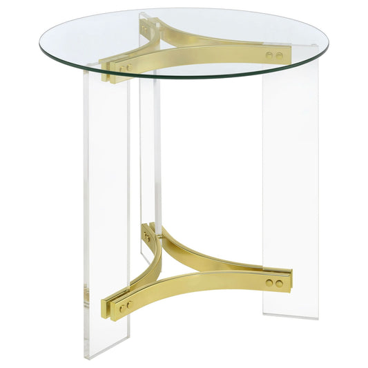 Janessa Round Glass Top Acrylic Leg End Table Matte Brass - Walo Furniture