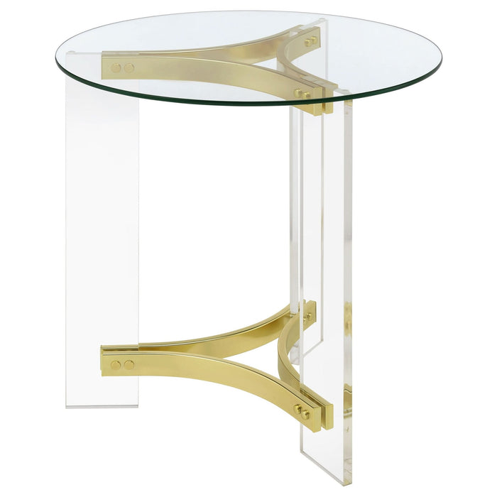 Janessa Round Glass Top Acrylic Leg End Table Matte Brass - Walo Furniture