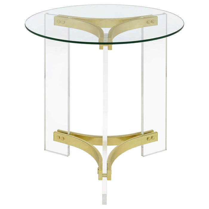 Janessa Round Glass Top Acrylic Leg End Table Matte Brass - Walo Furniture