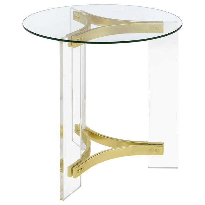 Janessa Round Glass Top Acrylic Leg End Table Matte Brass - Walo Furniture