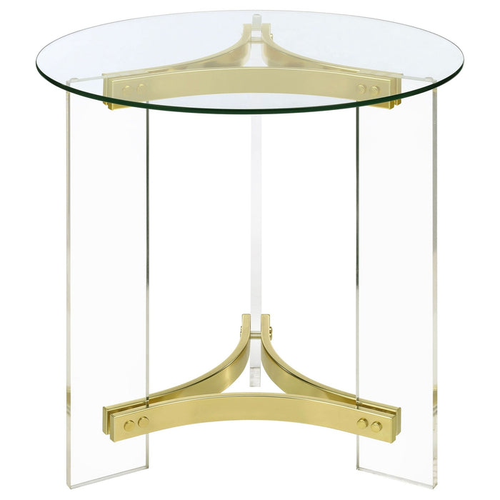 Janessa Round Glass Top Acrylic Leg End Table Matte Brass - Walo Furniture