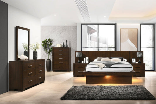 Jessica 5 - piece Eastern King LED Bedroom Set Cappuccino - Walo Furniture