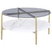 Jonelle Round Glass Top Coffee Table White Marble Shelf Gold - Walo Furniture