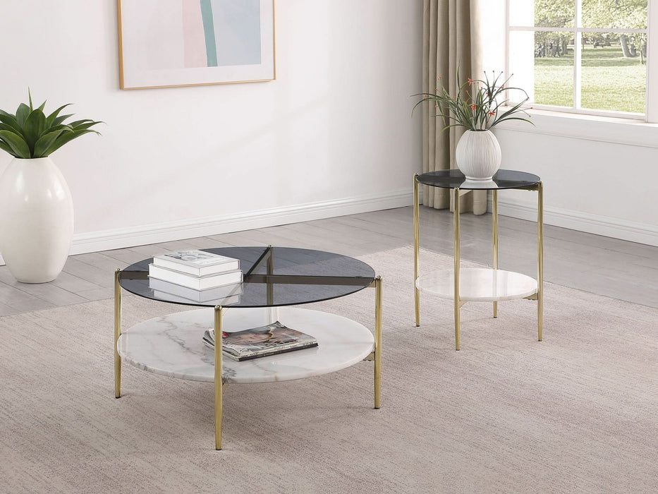 Jonelle Round Glass Top Coffee Table White Marble Shelf Gold - Walo Furniture