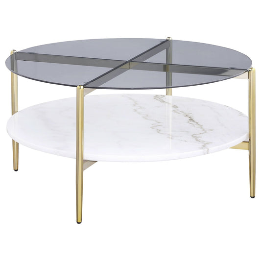 Jonelle Round Glass Top Coffee Table White Marble Shelf Gold - Walo Furniture