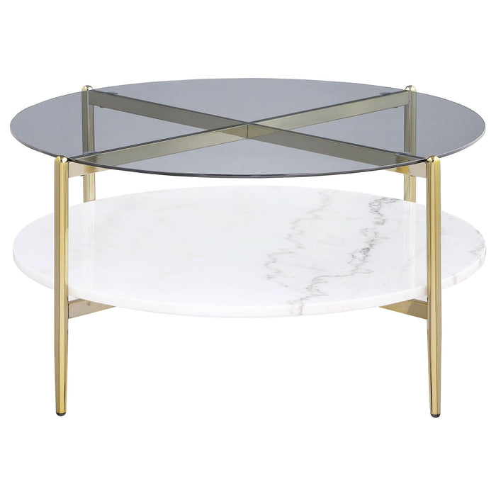 Jonelle Round Glass Top Coffee Table White Marble Shelf Gold - Walo Furniture