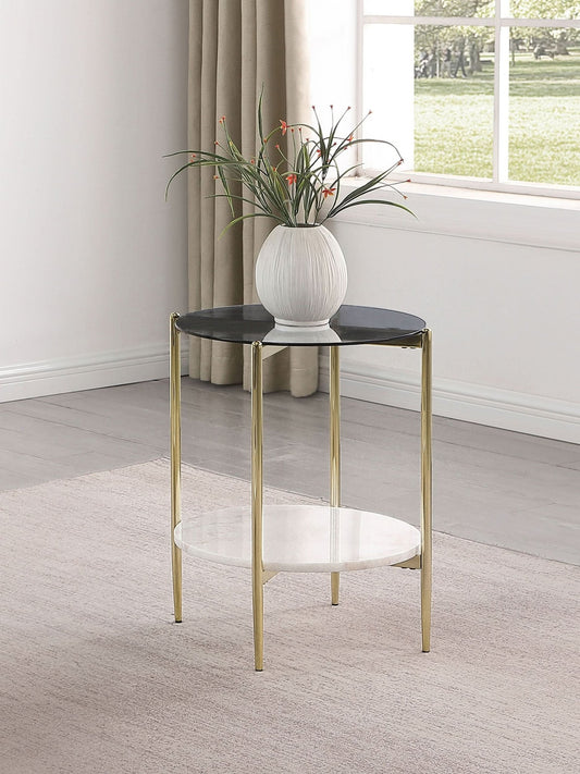 Jonelle Round Glass Top End Table White Marble Shelf Gold - Walo Furniture