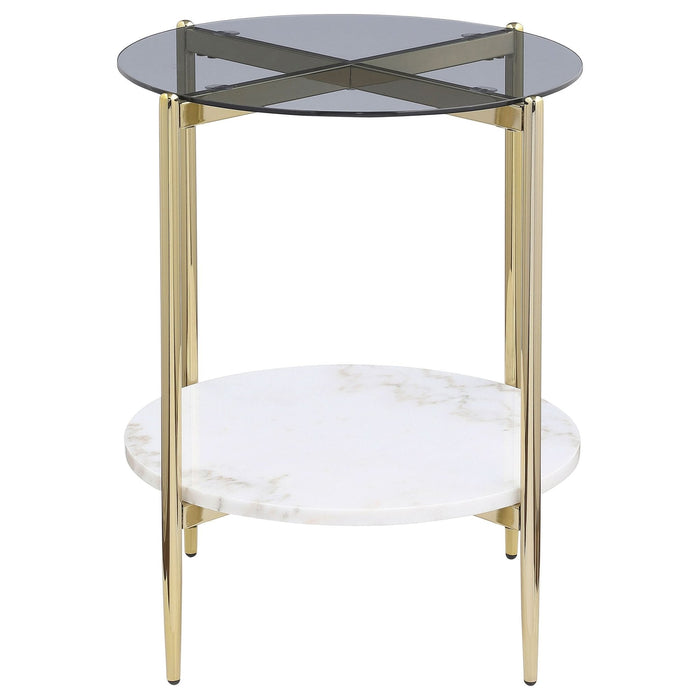 Jonelle Round Glass Top End Table White Marble Shelf Gold - Walo Furniture