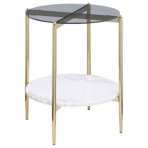 Jonelle Round Glass Top End Table White Marble Shelf Gold - Walo Furniture