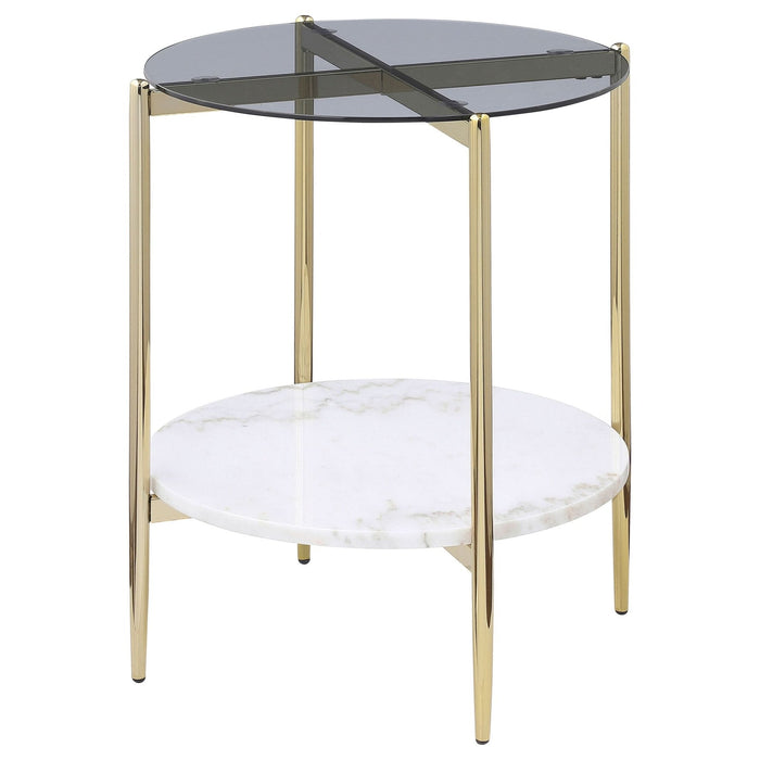 Jonelle Round Glass Top End Table White Marble Shelf Gold - Walo Furniture