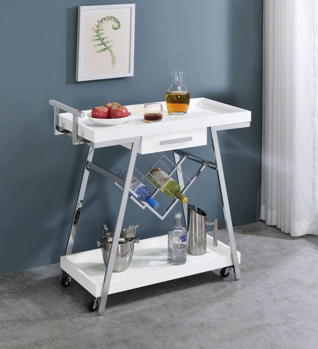 Kinney 1 - drawer Engineered Wood Bar Cart White High Gloss - Walo Furniture