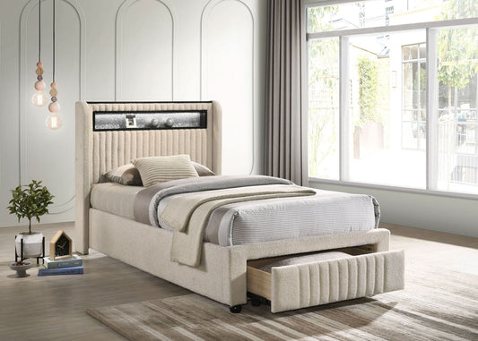 Madison Upholstered LED Twin Storage Platform Bed Cream - Walo Furniture