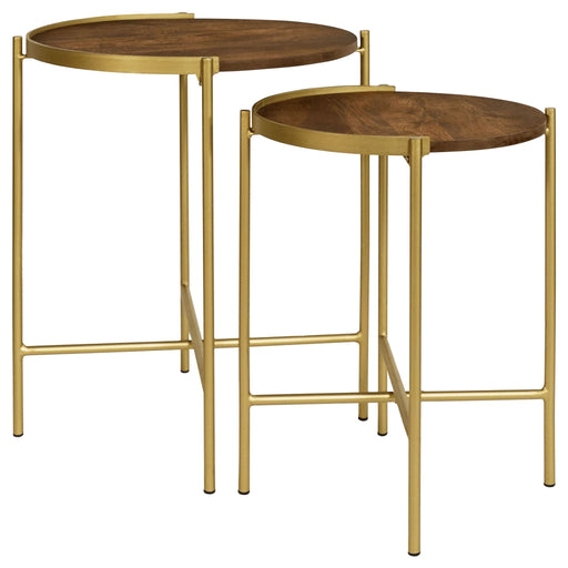 Malka 2 - piece Round Wood Nesting Table Dark Brown and Gold - Walo Furniture