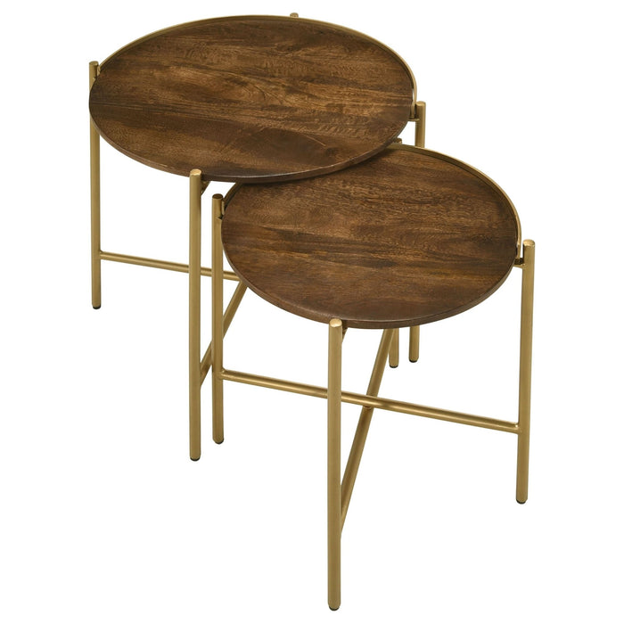 Malka 2 - piece Round Wood Nesting Table Dark Brown and Gold - Walo Furniture