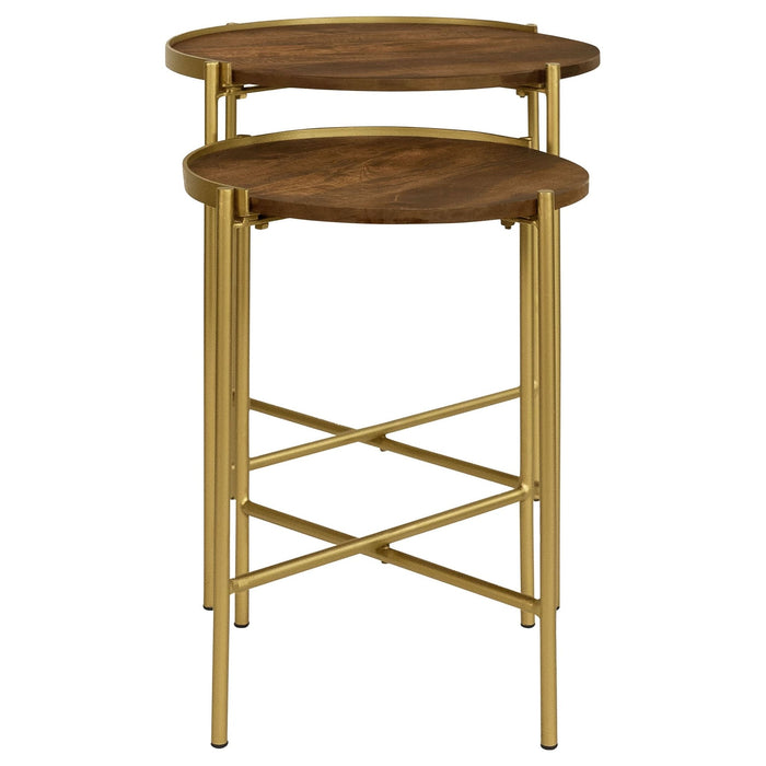 Malka 2 - piece Round Wood Nesting Table Dark Brown and Gold - Walo Furniture