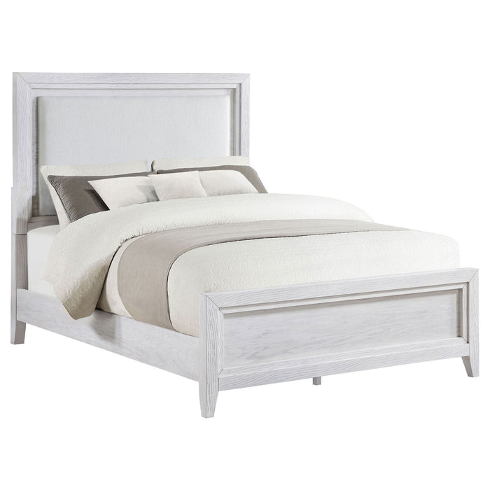 Marielle Eastern King Upholstered Panel Bed Distressed White - Walo Furniture