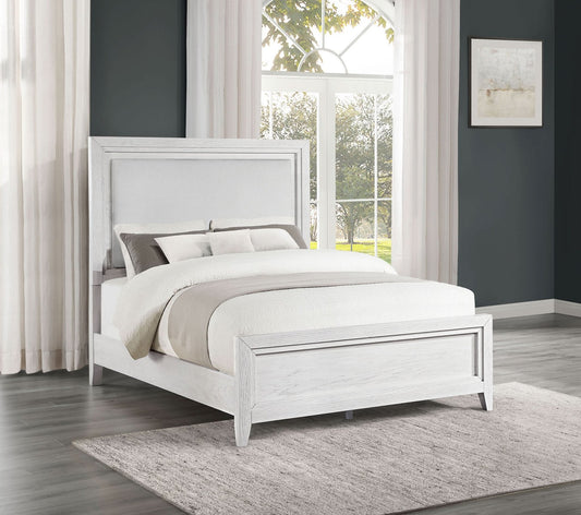 Marielle Queen Upholstered Panel Bed Distressed White - Walo Furniture