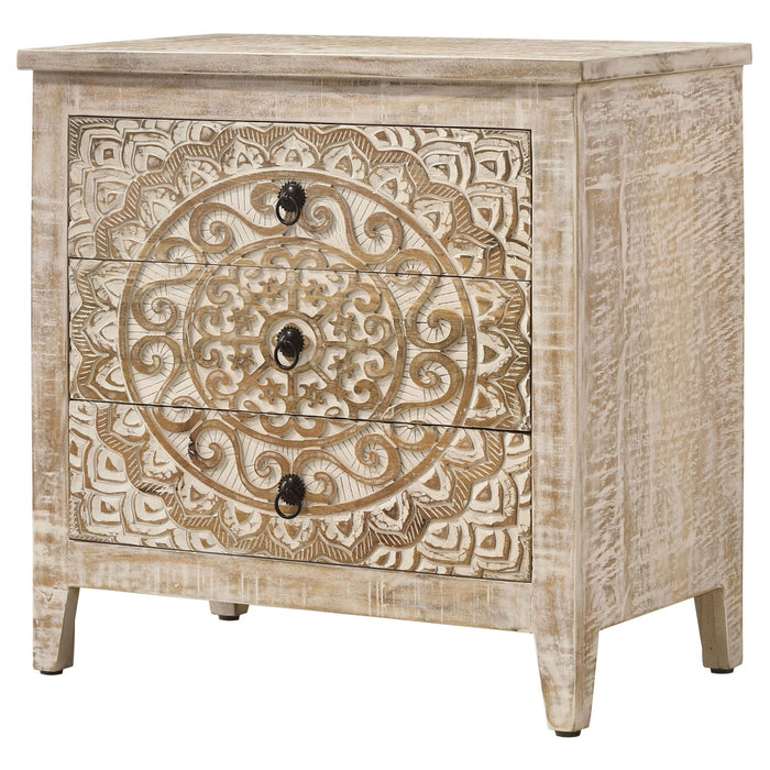 Mariska 3 - drawer Wood Mandala Cabinet Distressed White - Walo Furniture