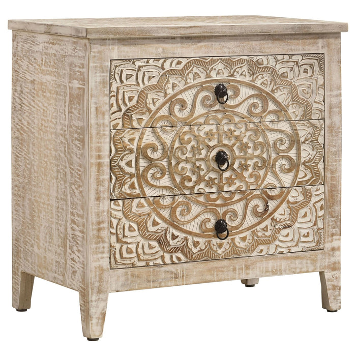 Mariska 3 - drawer Wood Mandala Cabinet Distressed White - Walo Furniture