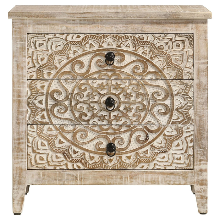 Mariska 3 - drawer Wood Mandala Cabinet Distressed White - Walo Furniture