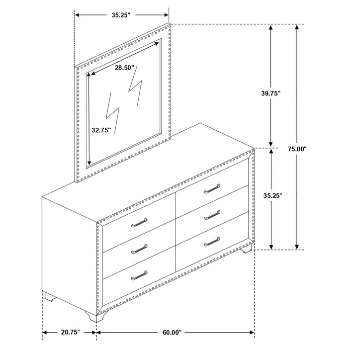 Melody 6 - drawer Upholstered Dresser with Mirror Grey - Walo Furniture