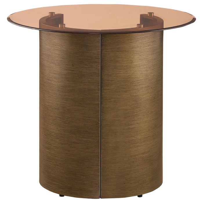 Morena Round Tawny Glass Top Side End Table Brushed Bronze - Walo Furniture