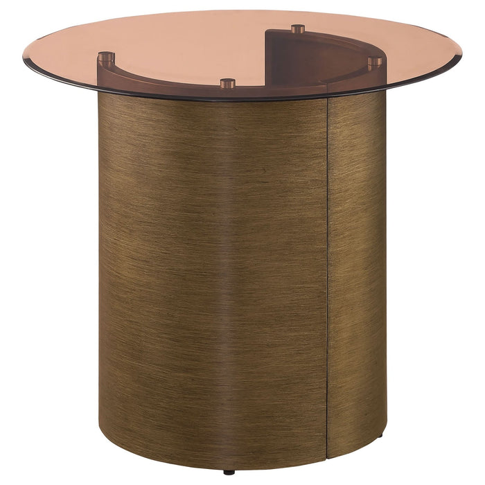 Morena Round Tawny Glass Top Side End Table Brushed Bronze - Walo Furniture