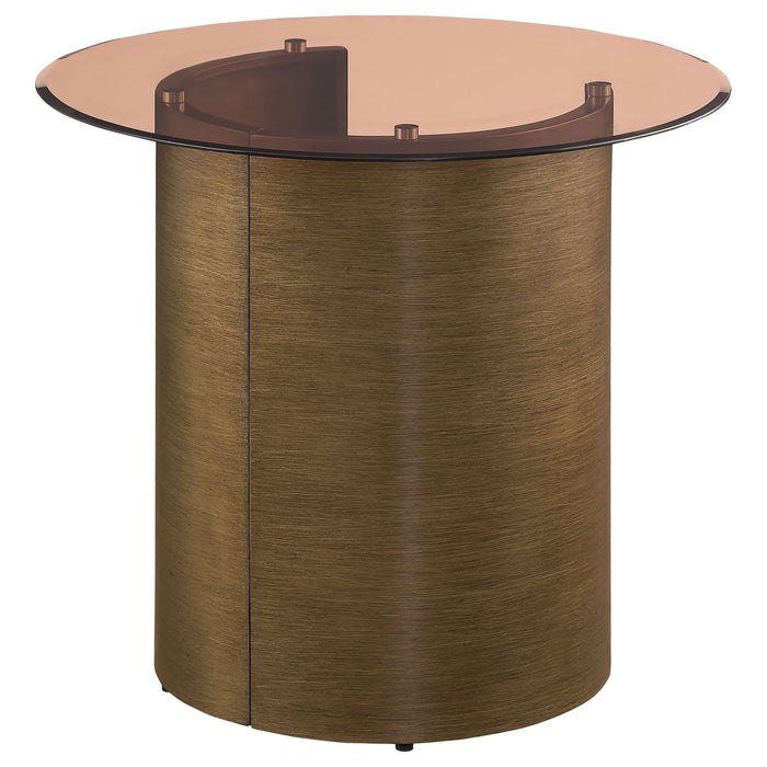 Morena Round Tawny Glass Top Side End Table Brushed Bronze - Walo Furniture