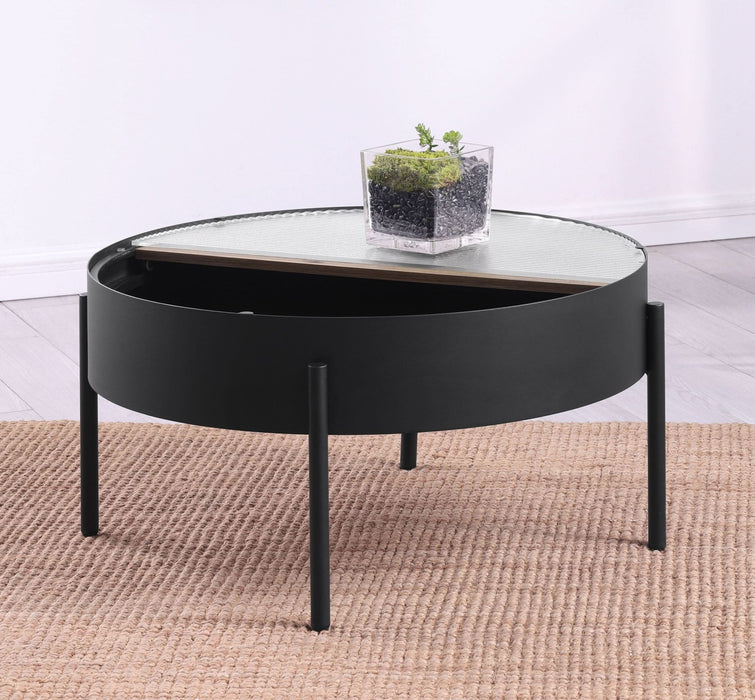 Ozella Round Coffee Table with Hidden Storage Sandy Black - Walo Furniture