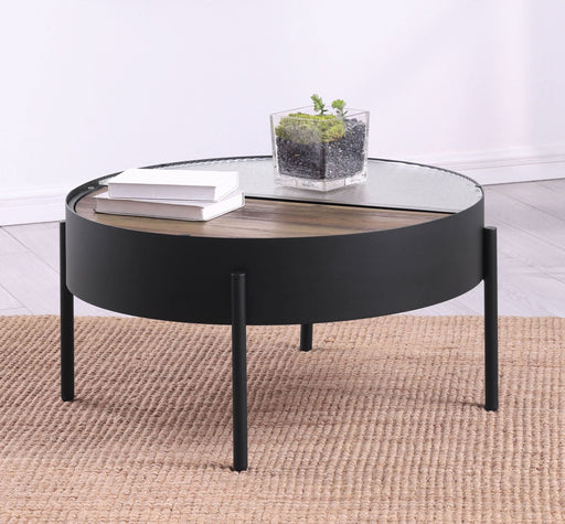 Ozella Round Coffee Table with Hidden Storage Sandy Black - Walo Furniture