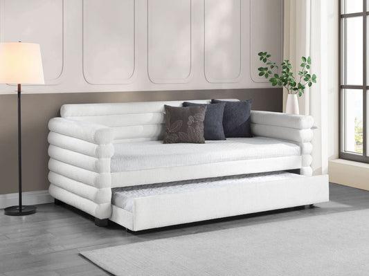 Patricia Boucle Upholstered Twin Day Bed with Trundle White - Walo Furniture