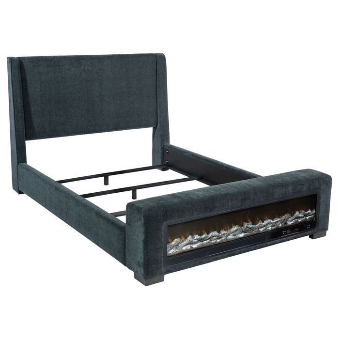 Preston Upholstered California King Audio Fireplace Bed Blue - Walo Furniture