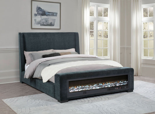 Preston Upholstered Eastern King Audio Fireplace Bed Blue - Walo Furniture