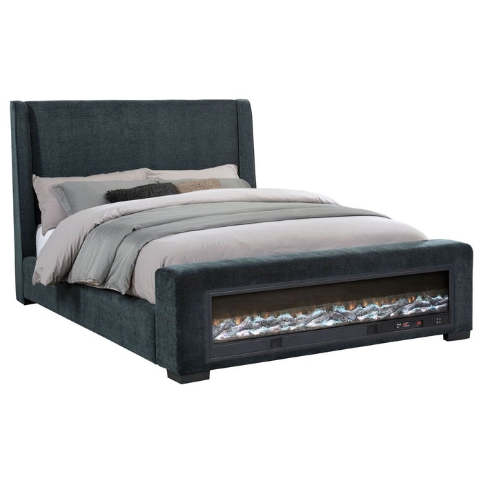 Preston Upholstered Eastern King Audio Fireplace Bed Blue - Walo Furniture