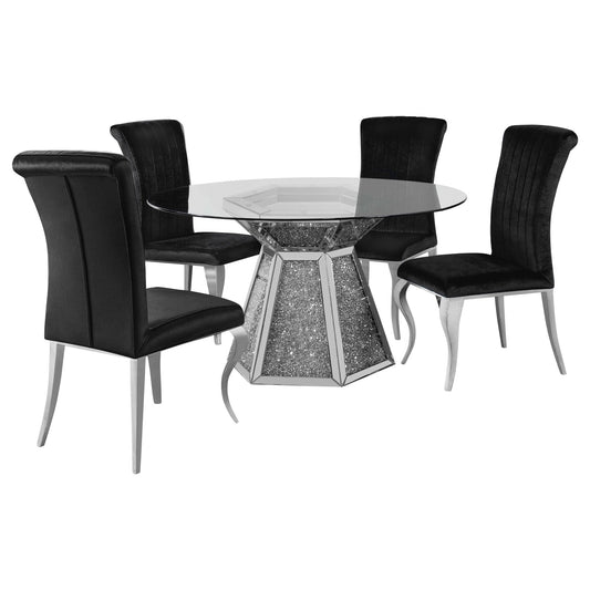 Quinn 5 - piece Round Glass Top Mirrored Dining Set Black - Walo Furniture