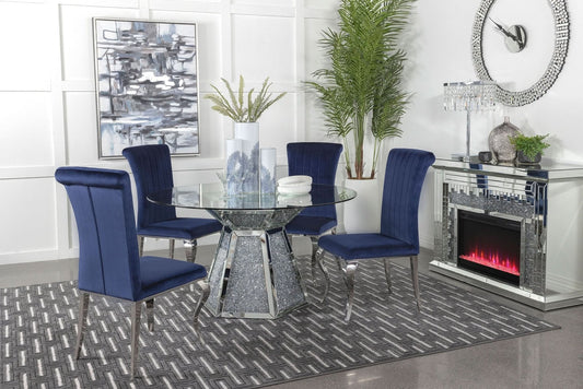 Quinn 5 - piece Round Glass Top Mirrored Dining Set Ink Blue - Walo Furniture